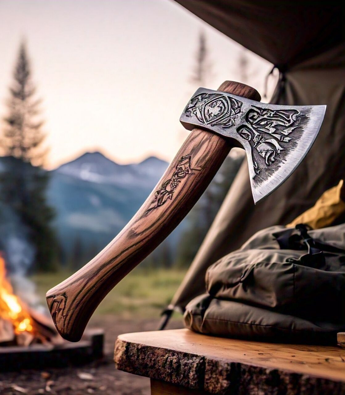 an axe from a campfire